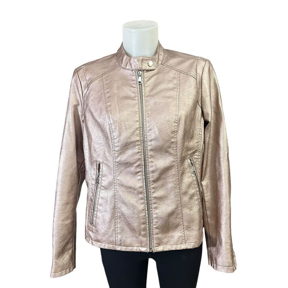 Baccini Rose Gold Metallic faux leather Full Zip Biker‎ Jean jacket Pockets sz M